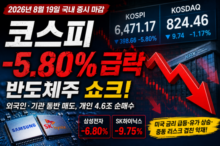 2026년 8월 19일 국내 증시 급락, 코스피 -5.80%…반도체주 쇼크가 만든 하루