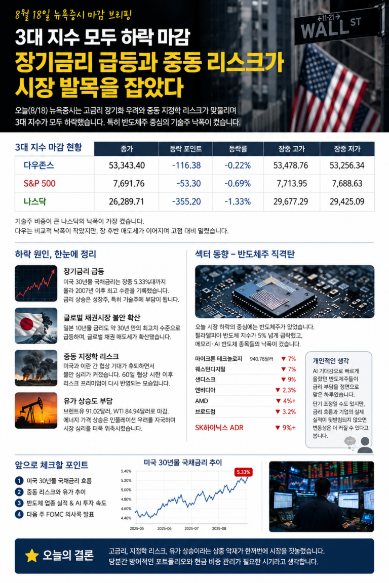 8월 18일 뉴욕증시 마감 분석｜장기금리 급등에 반도체주 직격탄