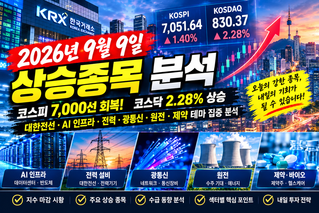 코스피 7,000선 회복·코스닥 2.28% 상승｜대한전선·우리기술 등 AI 인프라·전력·테마주 강세